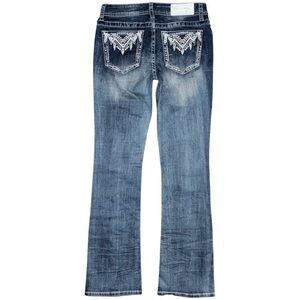 Grace In LA Women’s Feather Aztec Embellished Bootcut Blue Jeans Size 29 x 34